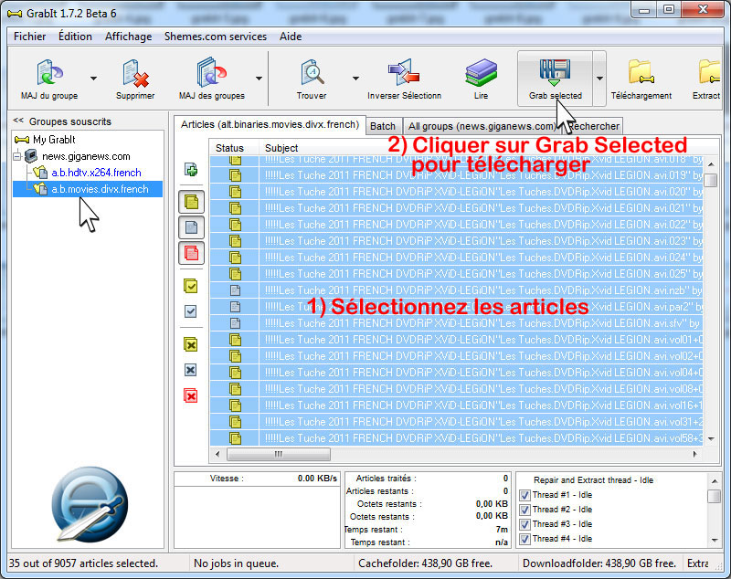 selectionner les articles et commencer le telechargement avec Grabit
