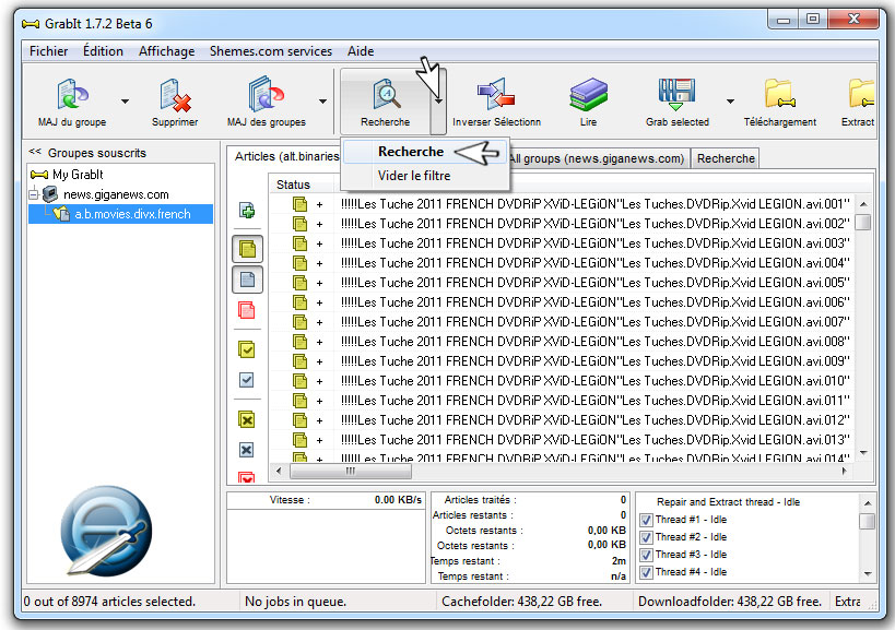 recherche avec filtre sous Grabit