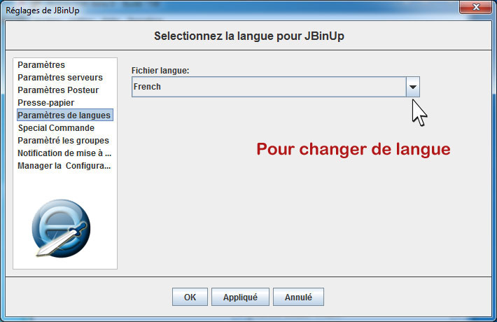 Onglet langues de JbinUp
