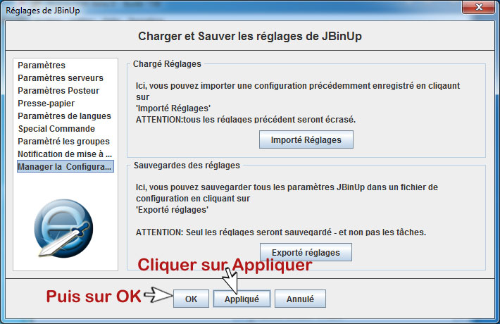 Sauvegarde des parametres de JbinUp