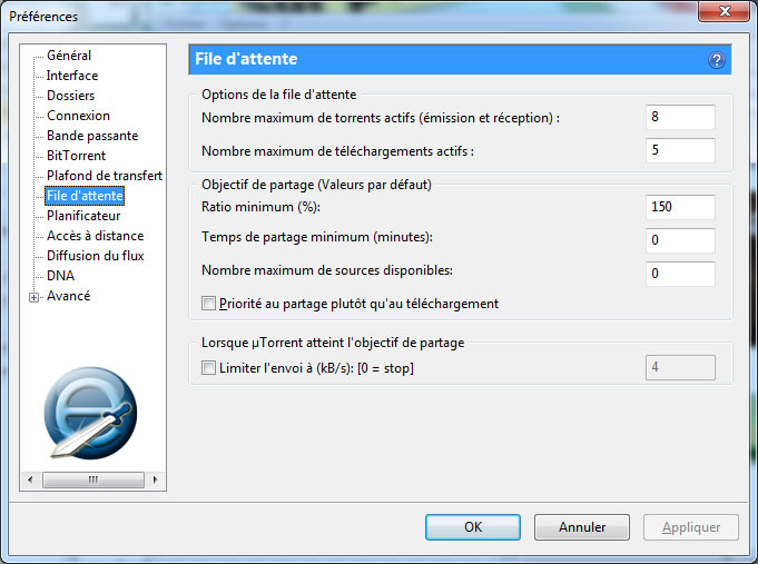 Onglet file d'attente de uTorrent