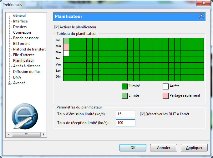 Onglet planificateur activé de uTorrent