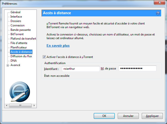 Onglet a distance de uTorrent actif