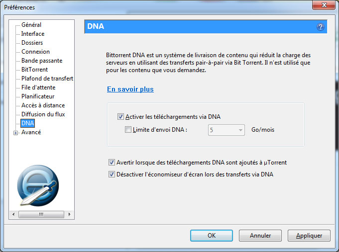 Onglet DNA de uTorrent