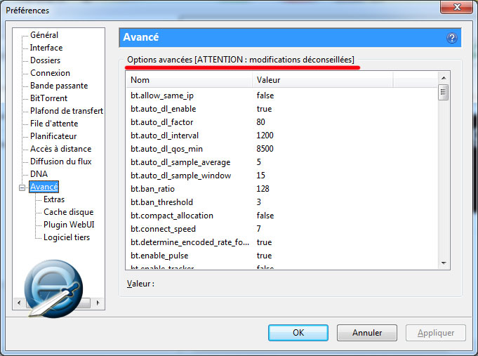 Onglet Avancé de uTorrent