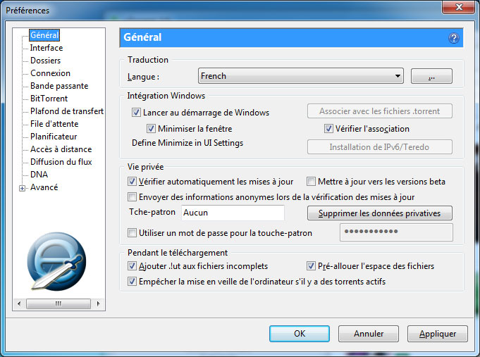 Onglet général de uTorrent