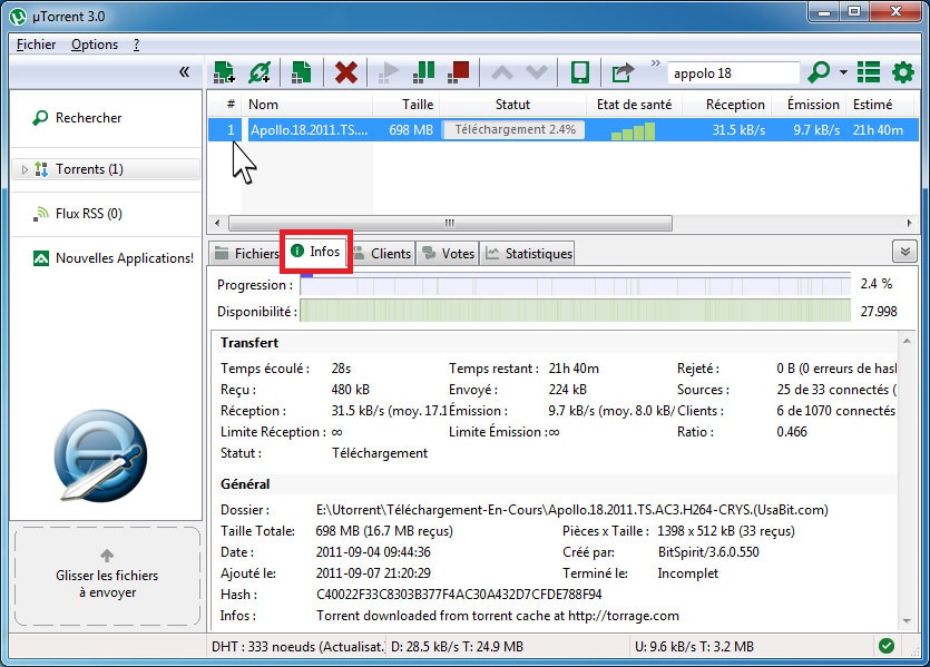 Onglet Infos de uTorrent