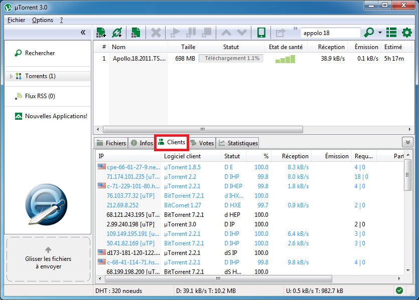Onglet client de uTorrent