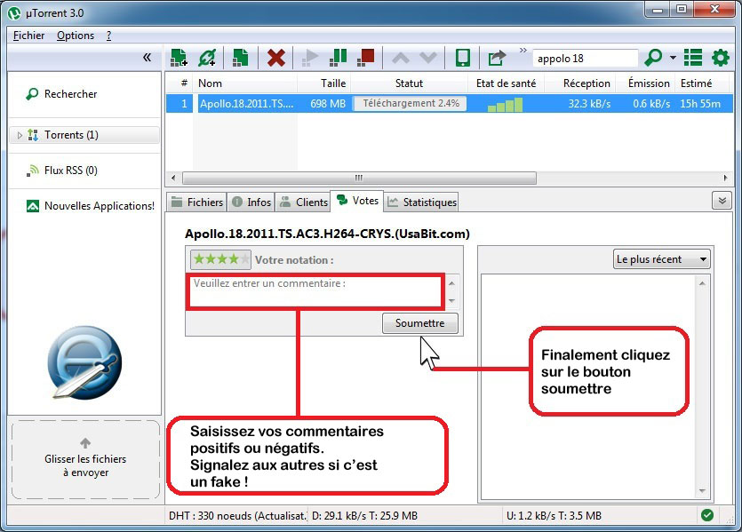Ajouter un commentaire a votre vote sur uTorrent