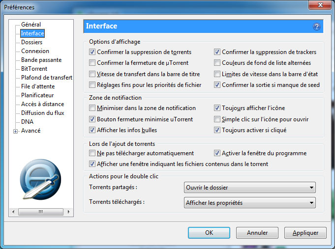 Onglet interface de uTorrent