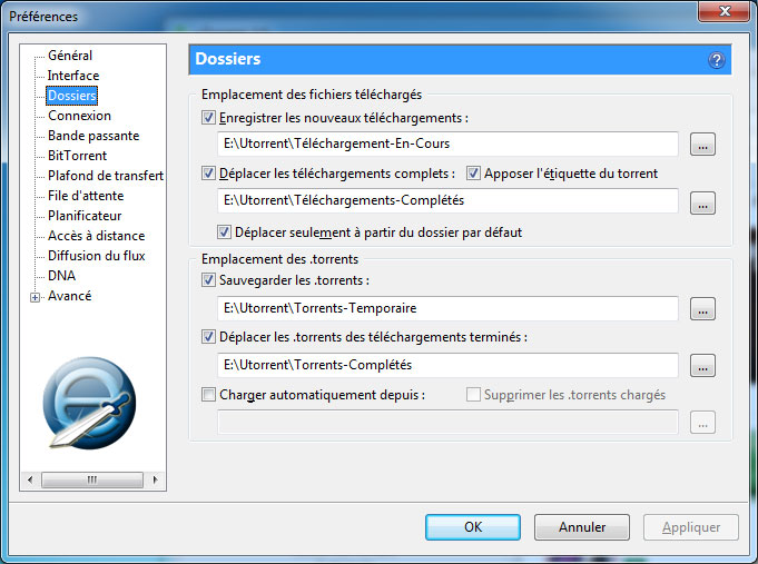 Onglet dossiers de uTorrent