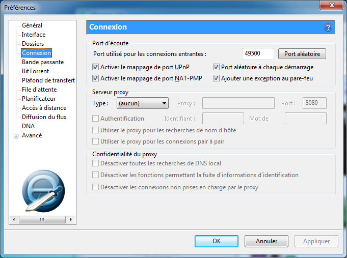 Onglet connexion de uTorrent