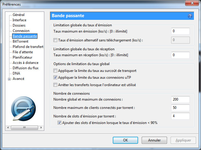 Onglet bande passante de uTorrent