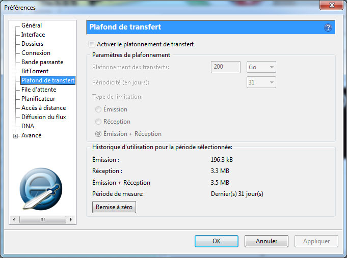 Onglet Plafond de transfert de uTorrent